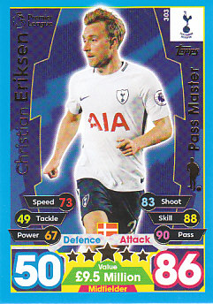 Christian Eriksen Tottenham Hotspur 2017/18 Topps Match Attax Pass Master #303